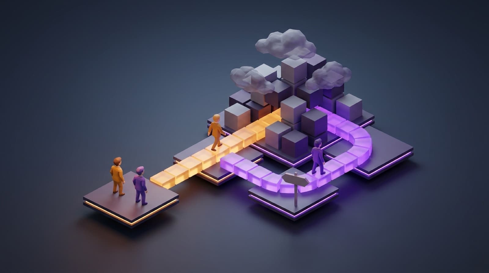 Two figures leave the same platform: one walks a straight path into a pile of obstacles, the other follows a path that bends around them