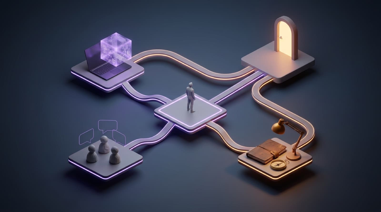 A figure at a junction with three paths leading to a laptop with data, a group of people in conversation, and a notebook with a compass, all converging on one doorway
